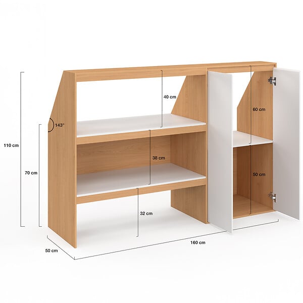 ID MARKET - Ensemble étagère 2 niveaux + armoire 2 portes sous pente TOMI hêtre et blanc - large