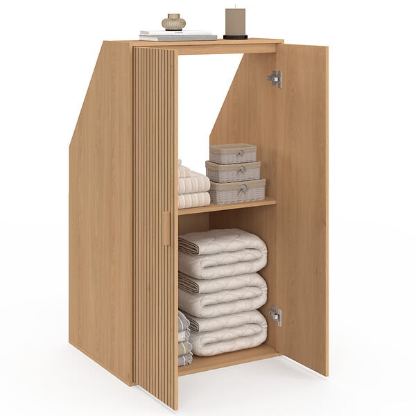 ID MARKET - Armoire sous pente 2 portes JULIETTE  60 x 50 x 70/110 cm effet lattes tasseau bois coloris chêne - large
