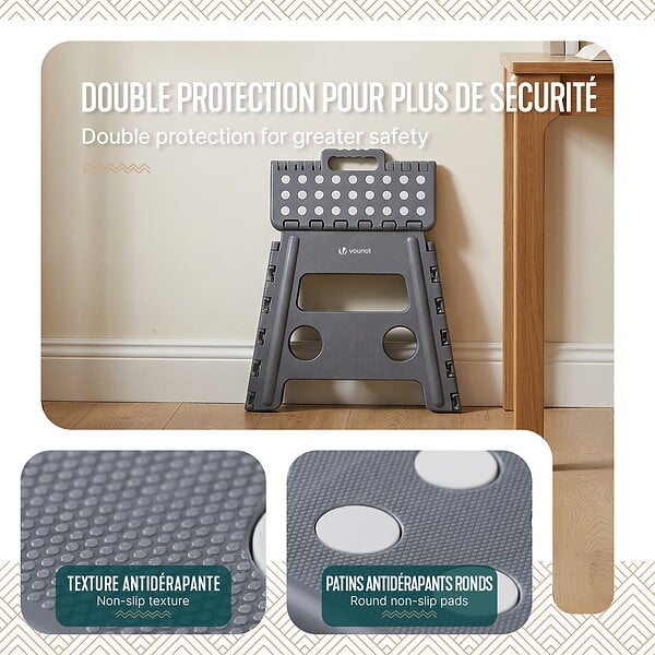 VOUNOT - Tabouret pliant antiderapant 37x30x32.5 cm plastique gris - large