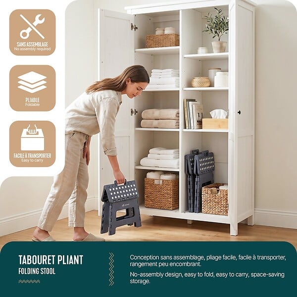 VOUNOT - Tabouret pliant antiderapant 32x25x22 cm plastique gris - large