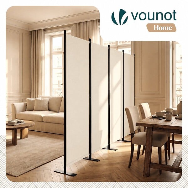VOUNOT - Paravent interieur separateur 4 panneaux autoportant pliable 228 x 30 x 164 cm Beige - large