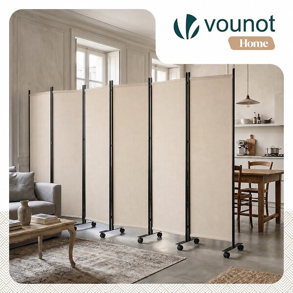 VOUNOT - Paravent interieur separateur avec roue 6 panneaux autoportant pliable 340 x 30 x 171 cm Beige - large