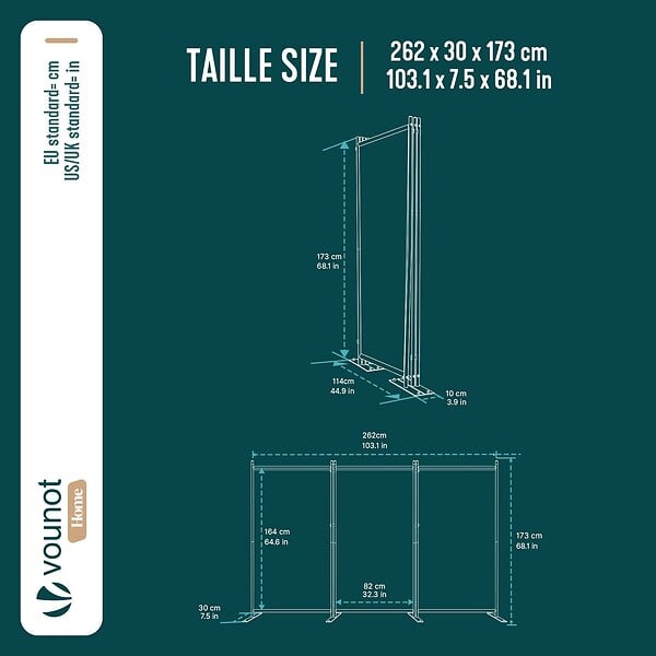 VOUNOT - Paravent interieur separateur 3 panneaux autoportant pliable 262 x 30 x 173 cm Beige - large