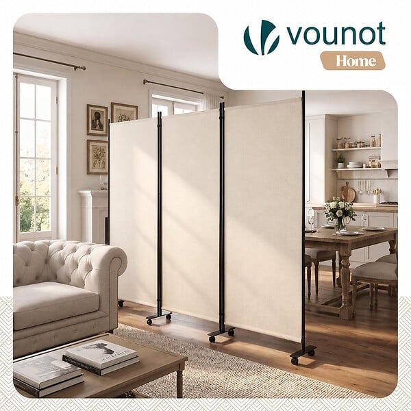 VOUNOT - Paravent interieur separateur avec roue 3 panneaux autoportant pliable 262 x 30 x 180 cm Beige - large