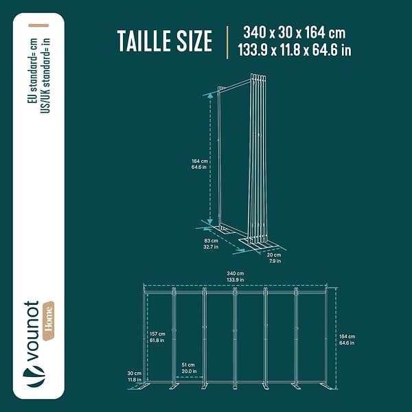 VOUNOT - Paravent interieur separateur 6 panneaux autoportant pliable 340 x 30 x 164 cm Anthracite - large