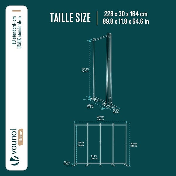 VOUNOT - Paravent interieur separateur 4 panneaux autoportant pliable 228 x 30 x 164 cm Anthracite - large