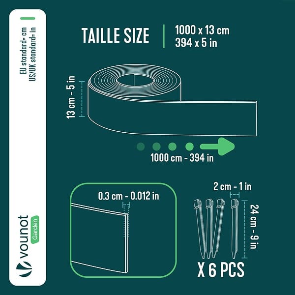 VOUNOT - Bordure de jardin PE haute flexible 10M avec piquets marron - large