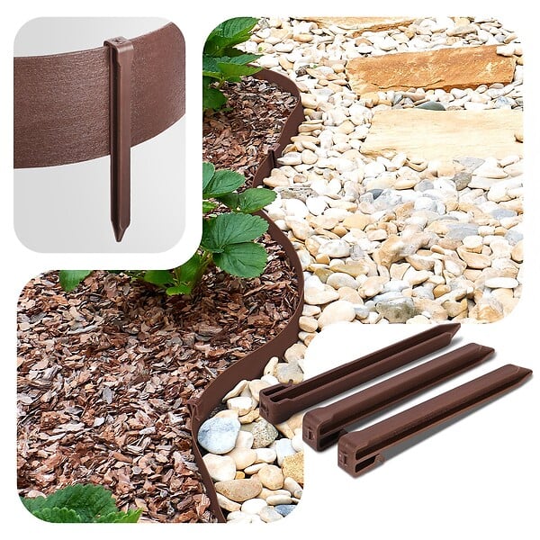 VOUNOT - Bordure de jardin PE haute flexible 10M avec piquets marron - large