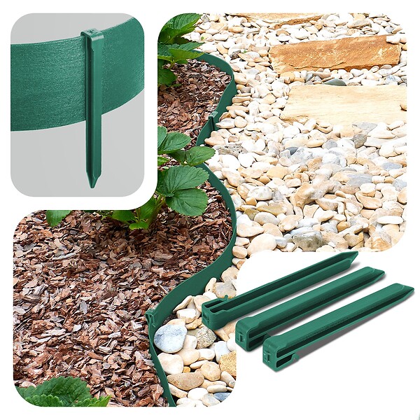 VOUNOT - Bordure de jardin PE haute flexible 10M avec piquets vert - large