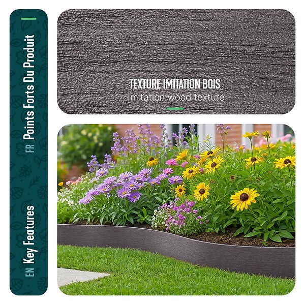 VOUNOT - Bordure de jardin PE haute flexible 10M avec piquets gris - large