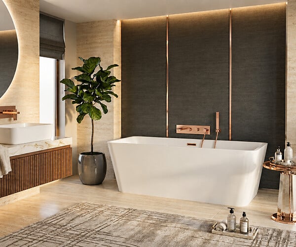 OTITEC - Baignoire ilot avec vidage - 160 x 75 cm - Blanc brillant avec bonde cuivre - MIRABELLE - large