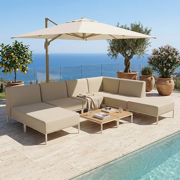 OVIALA - Salon de jardin bas modulable uni 6 places beige - Patio - large