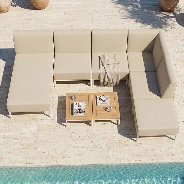 OVIALA - Salon de jardin bas modulable uni 6 places beige - Patio - large