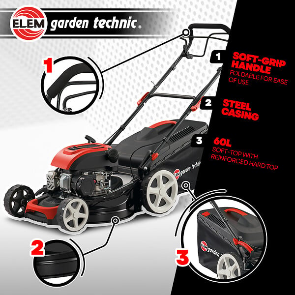 ELEM GARDEN TECHNIC - Tondeuse thermique tractée 169 CC - 508mm avec éjection latérale et mulching - large