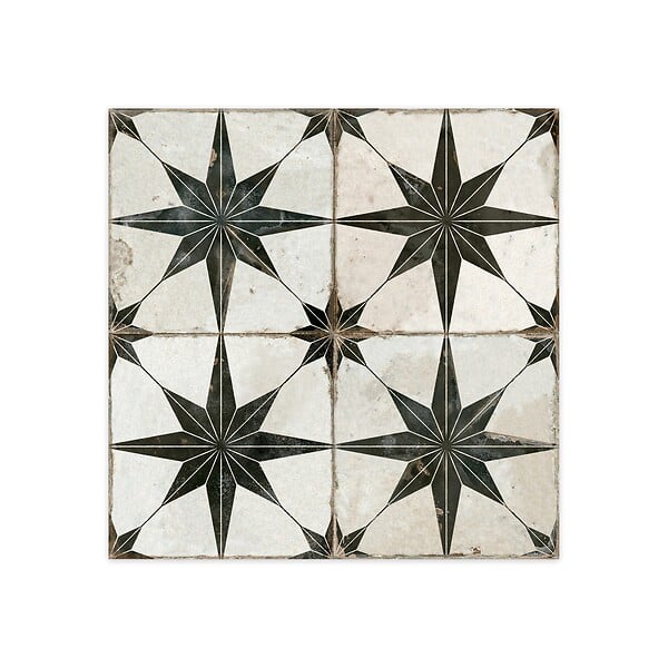 RO'MA NATURE - Carrelage Vintage effet Carreau ciment Etoile Noire et Fond Blanc 45x45x0,95 cm Sparta - Sol et mur intérieur (vendu par carton de 1 m²) - large
