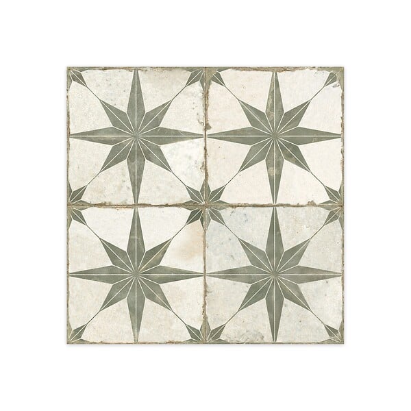 RO'MA NATURE - Carrelage Vintage effet Carreau ciment Etoile Verte et Fond Blanc 45x45x0,95 cm Sparta - Sol et mur intérieur (vendu par carton de 1 m²) - large