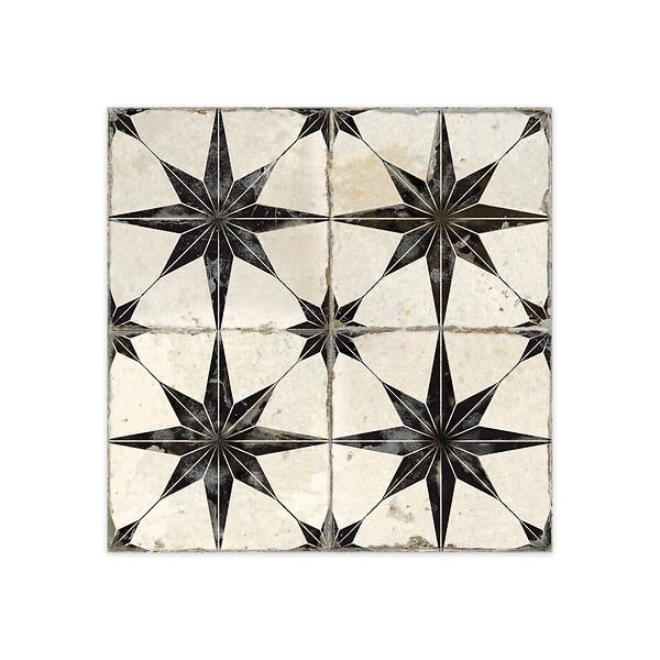 RO'MA NATURE - Carrelage Vintage effet Carreau ciment 3D Etoile Noire et Fond Blanc 45x45x0,95 cm Sparta - Sol et mur intérieur (vendu par carton de 1 m²) - large