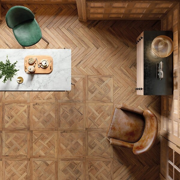 RO'MA NATURE - Carrelage Vintage effet Parquet Bois Brut Vieilli Versailles 45x45x0,95 cm Virelno - Sol intérieur (vendu par carton de 1 m²) - large