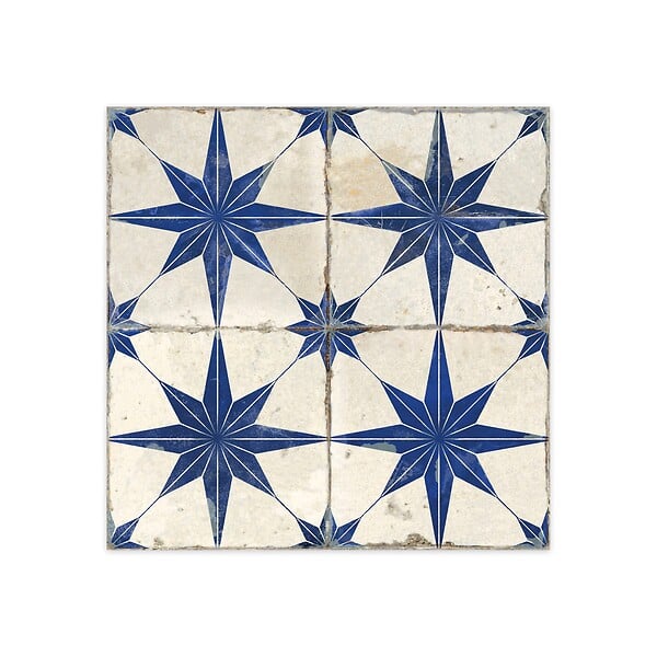RO'MA NATURE - Carrelage Vintage effet Carreau ciment 3D Etoile Bleue et Fond Blanc 45x45x0,95 cm Sparta - Sol et mur intérieur (vendu par carton de 1 m²) - large