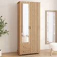 ID MARKET - Armoire 2 portes JULIETTE effet lattes tasseau bois penderie 80 cm avec 2 tiroirs, miroir et étagères - vignette