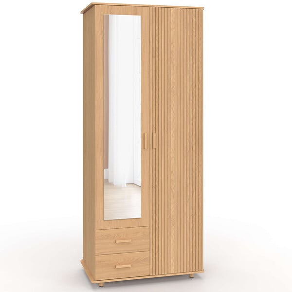ID MARKET - Armoire 2 portes JULIETTE effet lattes tasseau bois penderie 80 cm avec 2 tiroirs, miroir et étagères - large