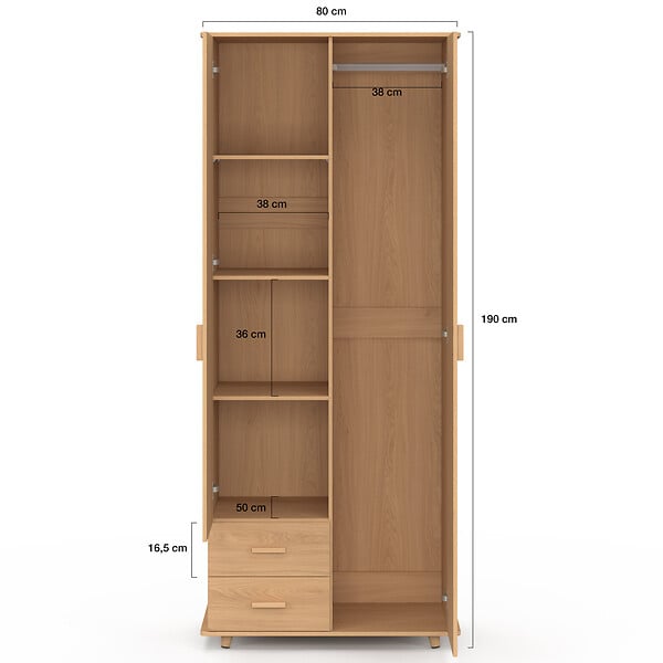ID MARKET - Armoire 2 portes JULIETTE effet lattes tasseau bois penderie 80 cm avec 2 tiroirs, miroir et étagères - large