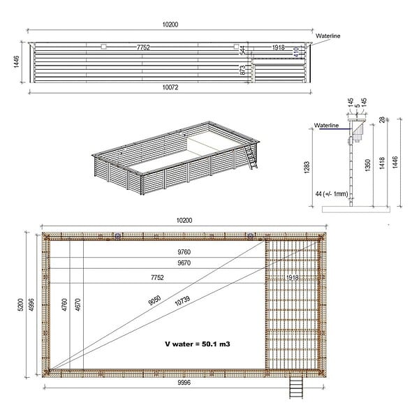 ALTANKA - Piscine hors sol en bois AQUA 10.2 x 5.2 - H.1.45 m avec plage, bleu pâle, cadre en métal - sans dalle - BAS7310OSPU+PLA310 - large