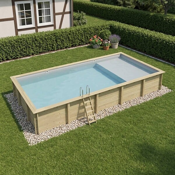 ALTANKA - Piscine hors sol en bois AQUA 10.2 x 5.2 - H.1.45 m avec plage, gris clair, cadre en métal - sans dalle - BAS7310OSPU2+PLA310 - large