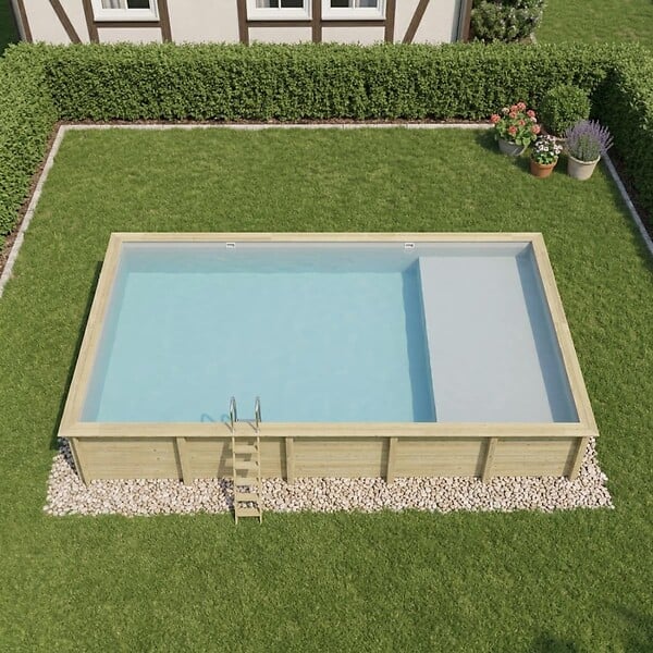 ALTANKA - Piscine hors sol en bois AQUA 10.2 x 5.2 - H.1.45 m avec plage, gris clair, cadre en métal - sans dalle - BAS7310OSPU2+PLA310 - large