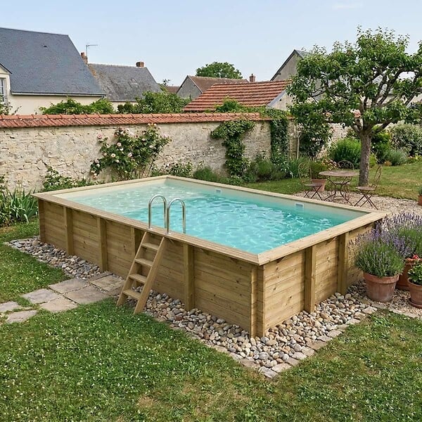 ALTANKA - Piscine hors sol en bois AQUA 10.2 x 5.2 - H.1.45 m avec plage, sable, cadre en métal - sans dalle - BAS7310OSPU3+PLA310 - large