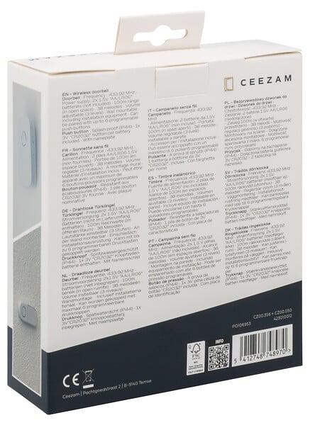 CEEZAM - Sonnette sans fil – Carillon 80 dB, 38 mélodies, bouton poussoir étanche IP44, blanc, portée jusqu'à 100m-CEEZAM - large