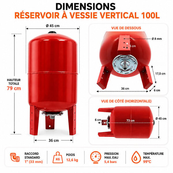 GT MARKET - Réservoir pression à vessie vertical - 100 litres - large