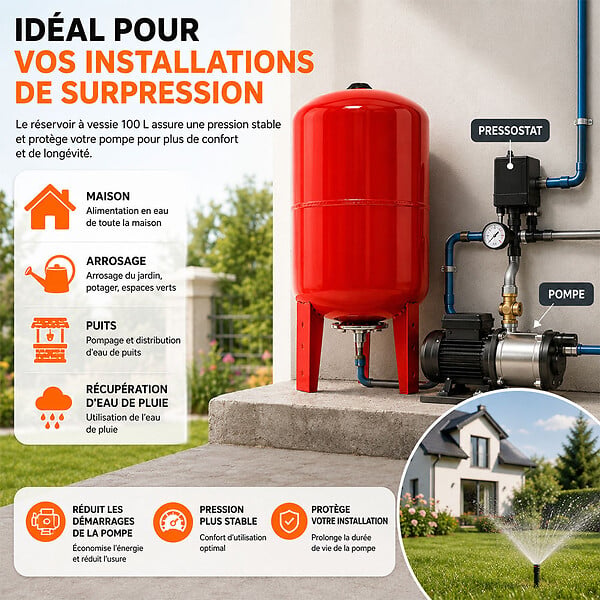 GT MARKET - Réservoir pression à vessie vertical - 100 litres - large