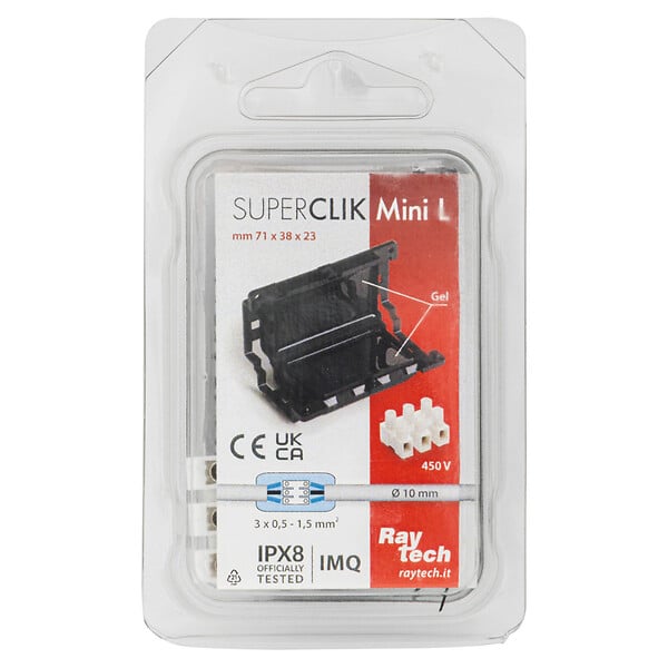 RAYTECH - SUPER CLICK MINI L – Manchon de jonction étanche IPX8 avec gel, connecteur et colliers – 3×0,5 à 1,5 mm² – Ø 10 mm – Immersion – Noir - large