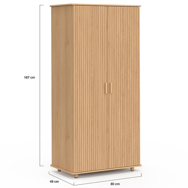 ID MARKET - Armoire 2 portes JULIETTE effet lattes tasseau bois coloris chêne penderie 80 cm avec étagères rangement - large