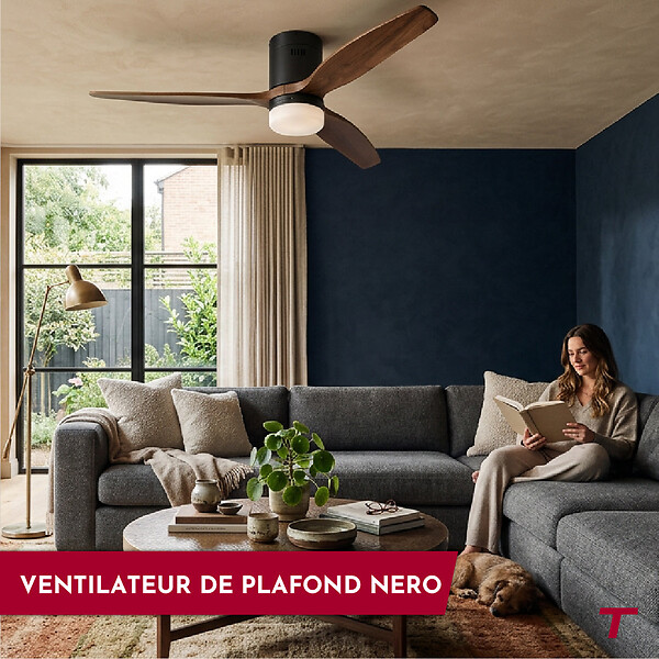THOMSON - Ventilateur de plafond avec lumière THOMSON NERO avec pales en bois certifié FSC, diamètre de 132 cm et télécommande incluse - large