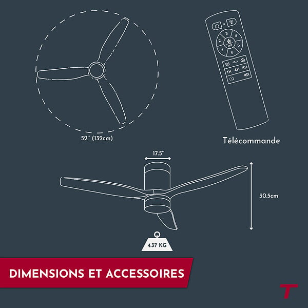 THOMSON - Ventilateur de plafond avec lumière THOMSON NERO avec pales en bois certifié FSC, diamètre de 132 cm et télécommande incluse - large