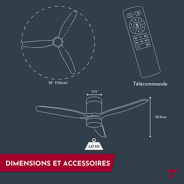 THOMSON - Ventilateur de plafond avec lumière THOMSON NAO avec pales en bois certifié FSC, diamètre de 132 cm et télécommande incluse - large