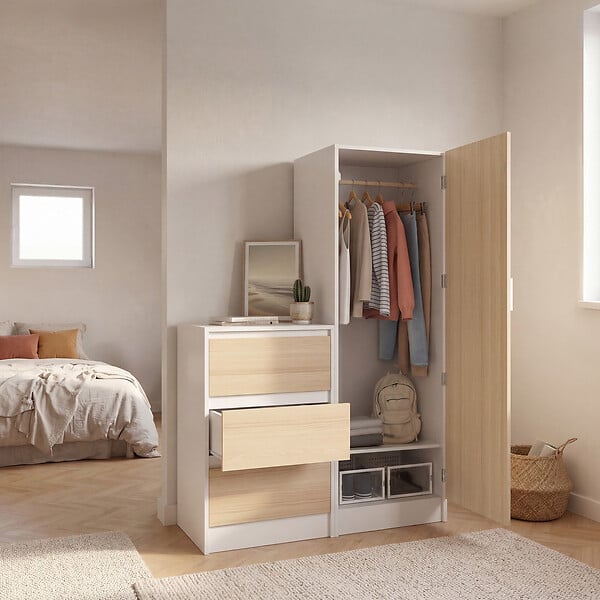 ID MARKET - Armoire 1 porte AMBRE penderie avec commode 3 tiroirs 100 cm modulable façon hêtre et blanc - large