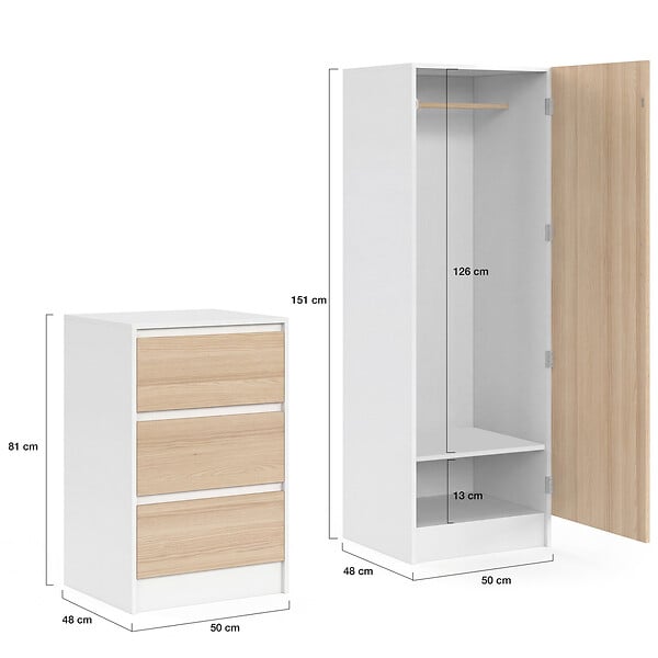 ID MARKET - Armoire 1 porte AMBRE penderie avec commode 3 tiroirs 100 cm modulable façon hêtre et blanc - large