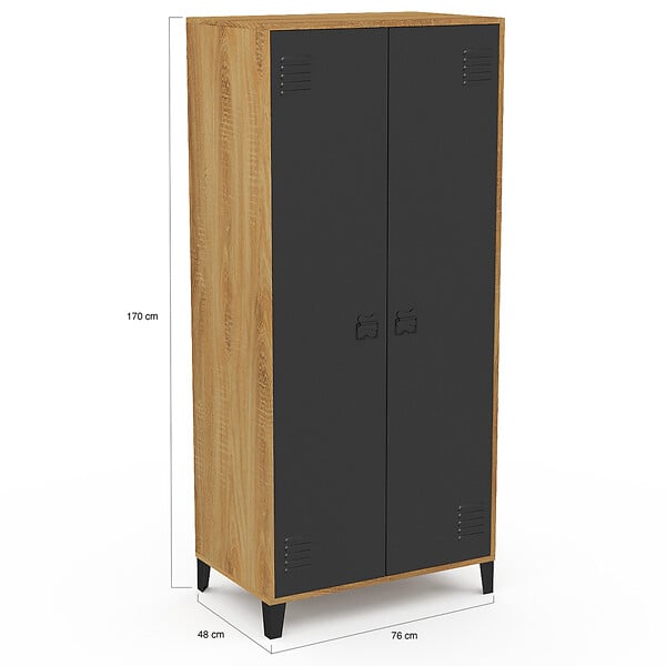 ID MARKET - Armoire vestiaire penderie ESTER 2 portes métal noir et contour bois design industriel - large