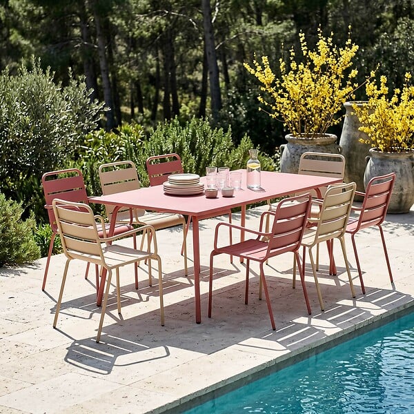 OVIALA - Ensemble table de jardin et 8 fauteuils en métal argile et ivoire - Palavas - large