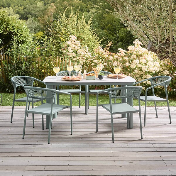 OVIALA - Table de jardin aluminium 150x90 cm et 6 chaises textilène vert - Nocera - large