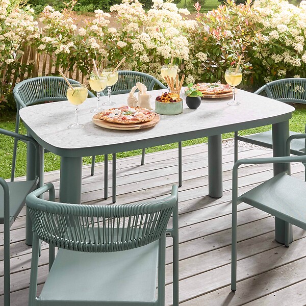 OVIALA - Table de jardin aluminium 150x90 cm et 6 chaises textilène vert - Nocera - large