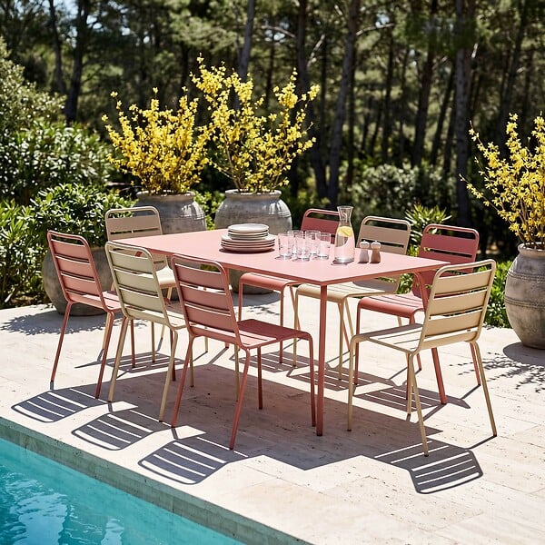 OVIALA - Ensemble table de jardin et 8 chaises en métal argile et ivoire - Palavas - large