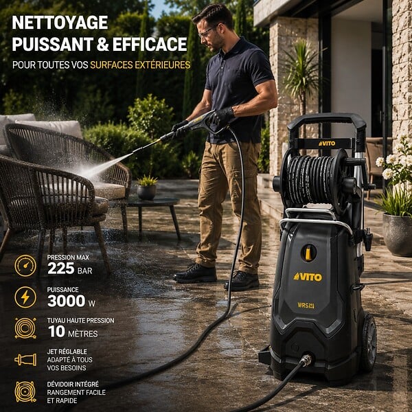 VITO - Nettoyeur haute pression 225bar 3000W Moteur Induction Tuyau 10m Jet réglable Dévidoir Nettoyage Terrasse Voiture Mobilier VITO - large