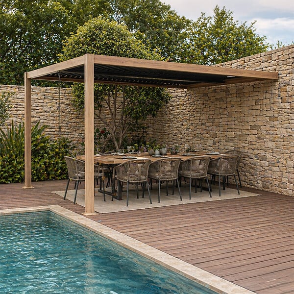 CONCEPT USINE - Pergola bioclimatique 4x3m adossée effet bois SIFNOS - large