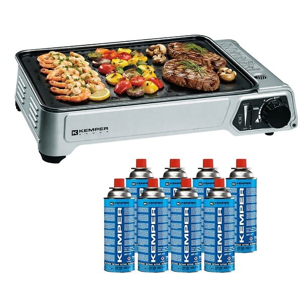 KEMPER - Plancha à gaz portable 2300W + 8 cartouches de gaz + Valise de transport Cuisson extérieure Camping Terrasse Barbecue KEMPER - large