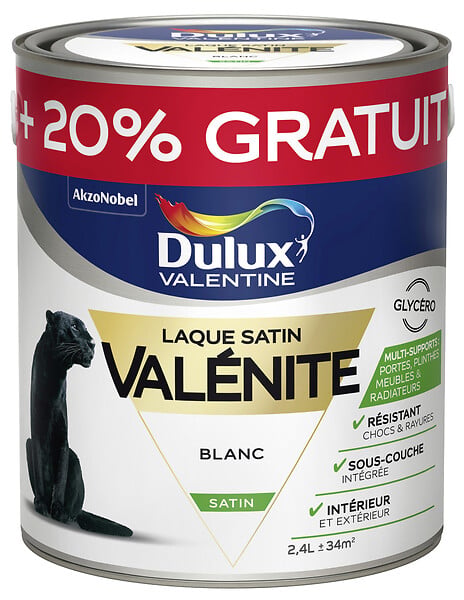 DULUX VALENTINE - Peinture laque Glycéro - Satin - Blanc - 2L + 20% gratuit - large