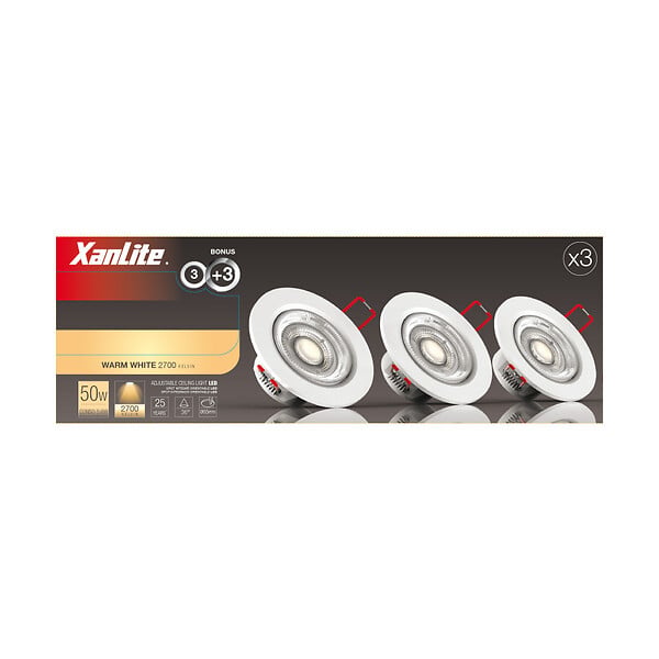 XANLITE - Pack 3 spots LED intégrés encastrables orientables, 5,6W chacun, équivalent 50W, 345 lm, angle 36°, blanc chaud, 2700K, classe énergétique A+, 6 anneaux interchangeables blanc et silver - large